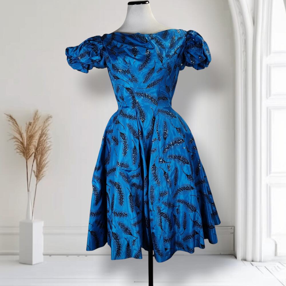 Vtg 1950s Blue Flocked Taffeta Fit Flare Cocktail Dress Size 6 Rockabilly Party